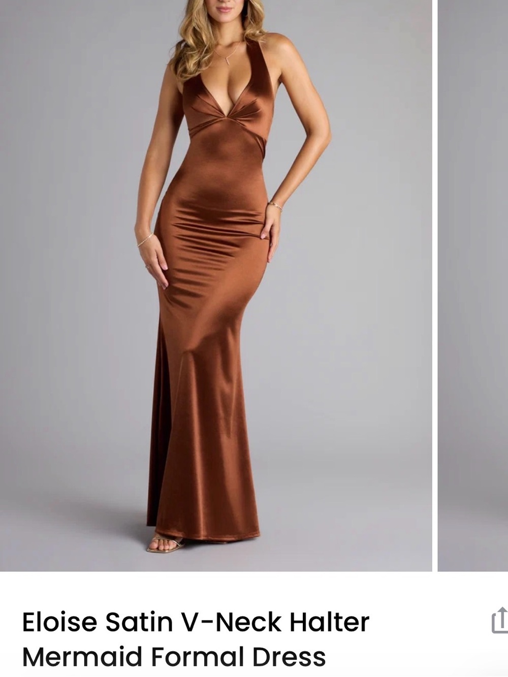 Windsor Copper Satin V-Neck Halter Mermaid Maxi Dress